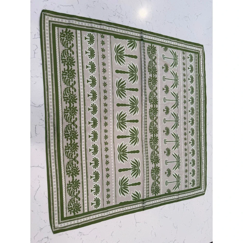 Tropical Palm Tree Print Square Scarf Olive Green Tan Neckerchief 27x27